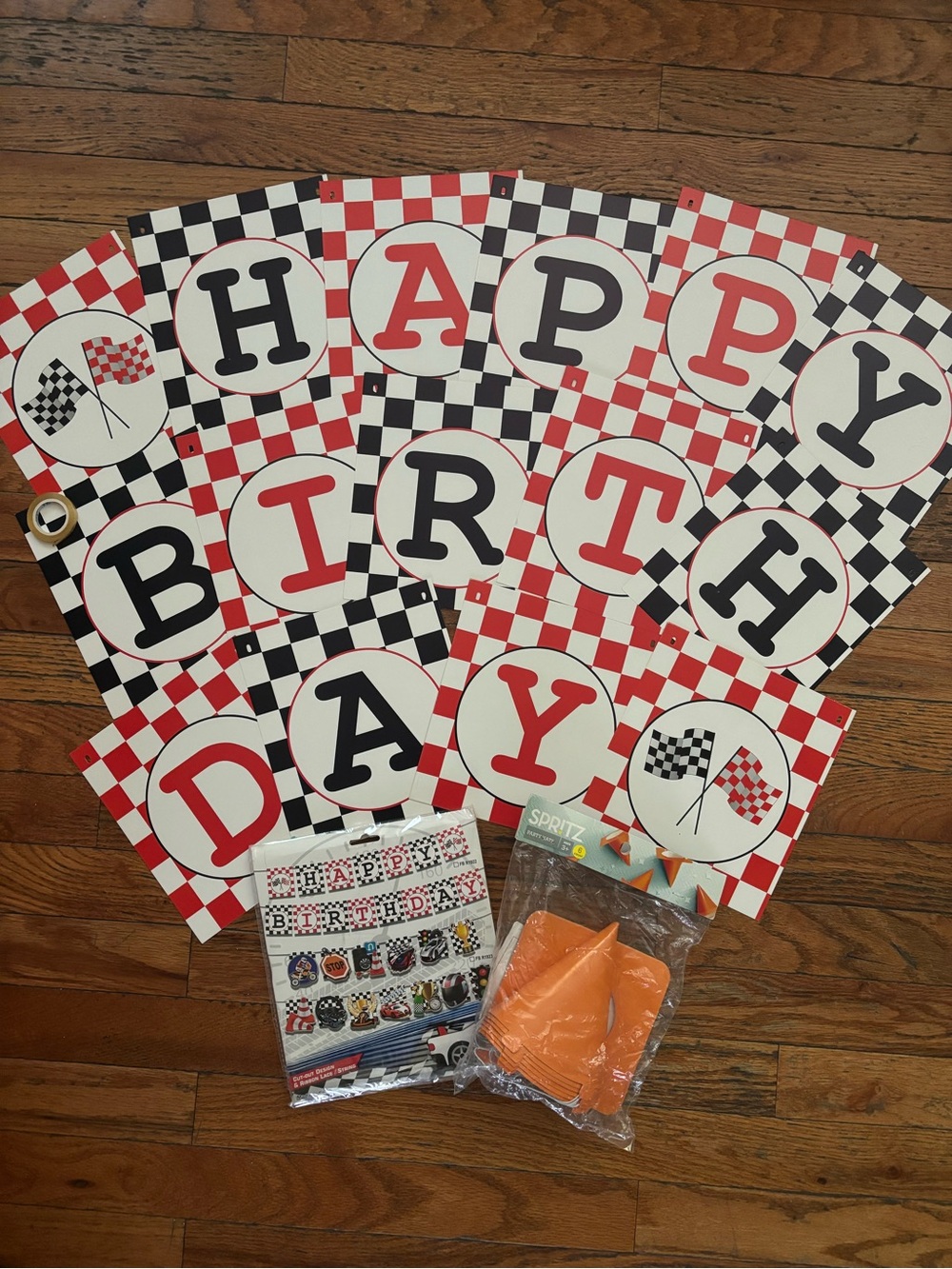 Racing Checkered "Happy Birthday" Banner - Red & Black